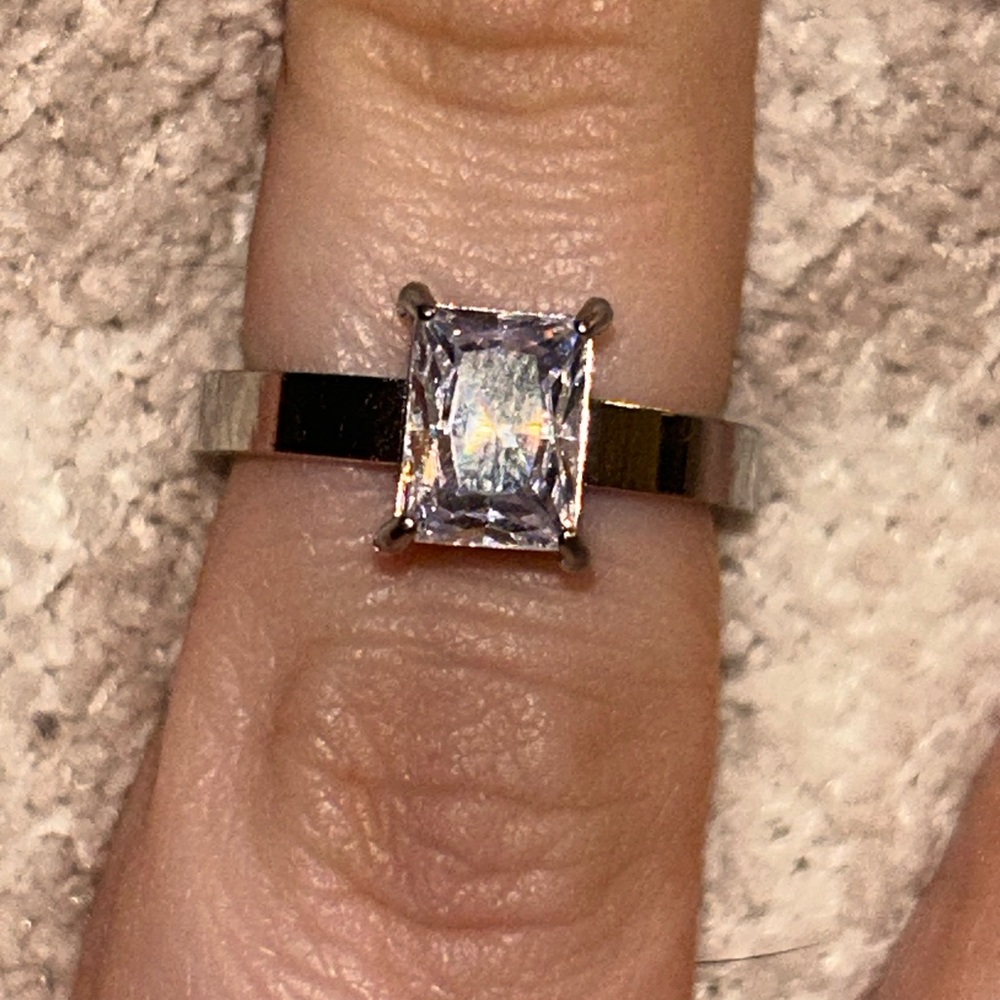 Silver-Tone Emerald-Cut White Stone Ring - Women's Jewelry stainless steel